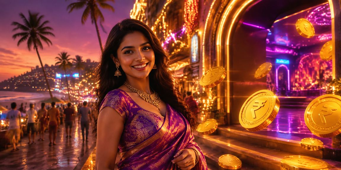 India Goa beach entertainment with casino nights and rupee symbol vivid light