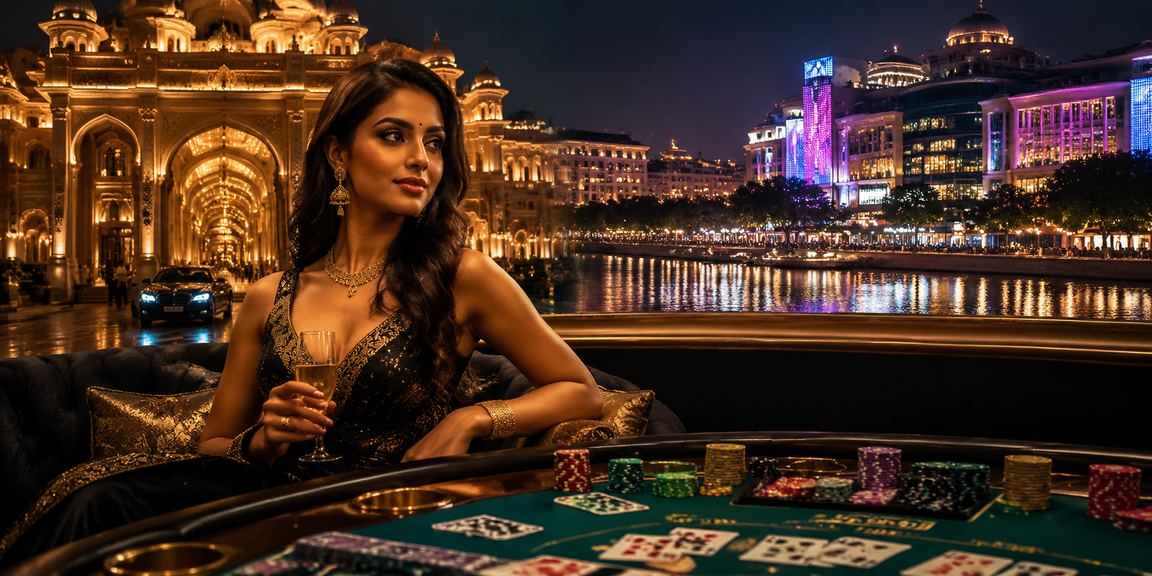 Neon-lit baccarat table scene in India casino