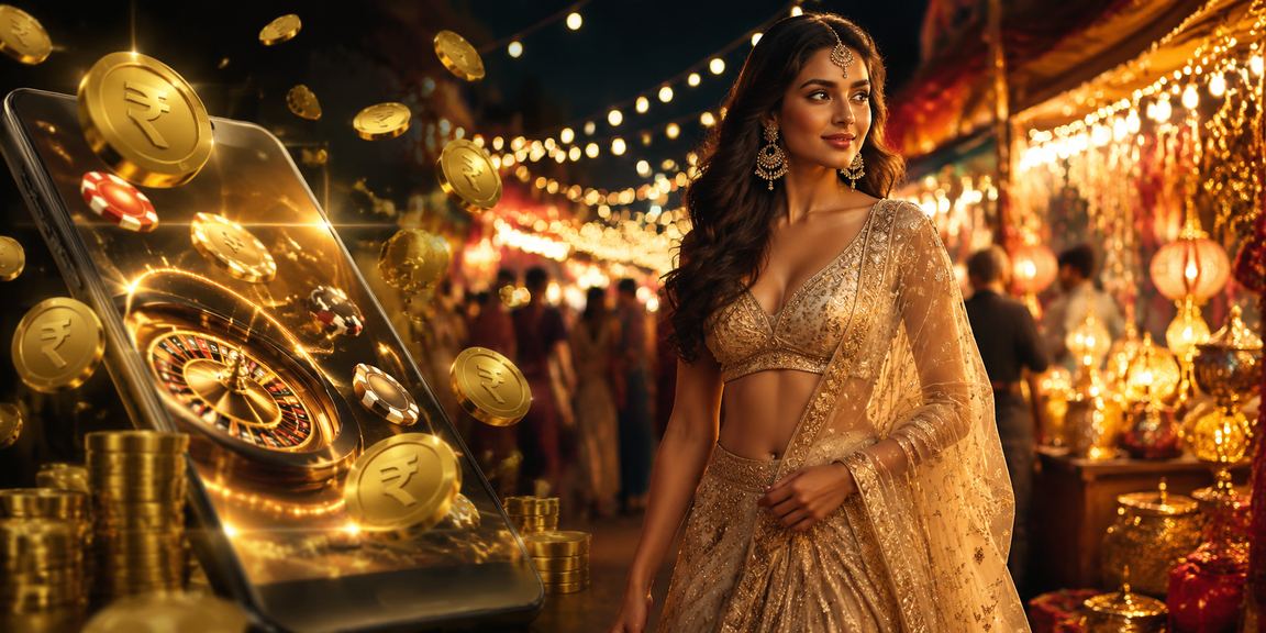 Indian player celebrating casino app bonus with bright traditional lehenga attire