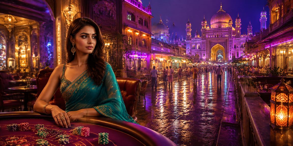 Vibrant Indian entertainment and casino scene with colorful saree
